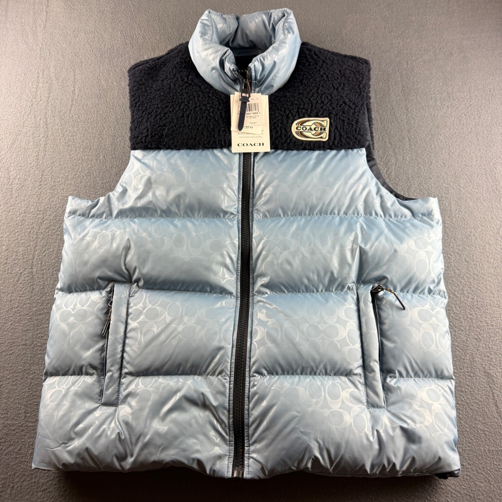Coach Vest Men's XL Blue Signature Colorblock Puffer Sherpa Down Insulated NEW